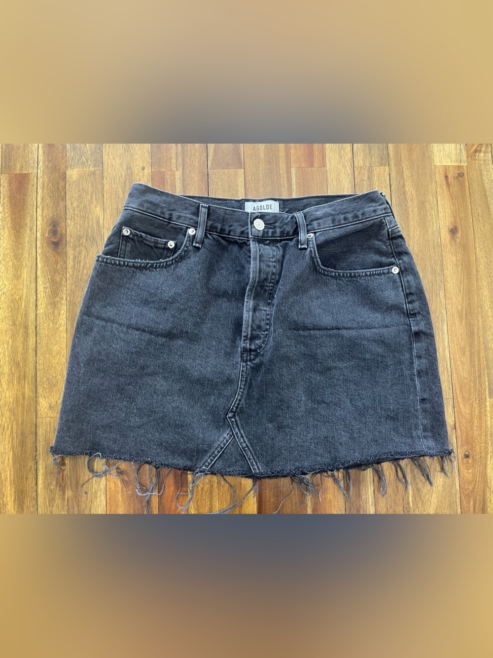 AGOLDE Quinn Black Frayed Hem Denim Mini Skirt